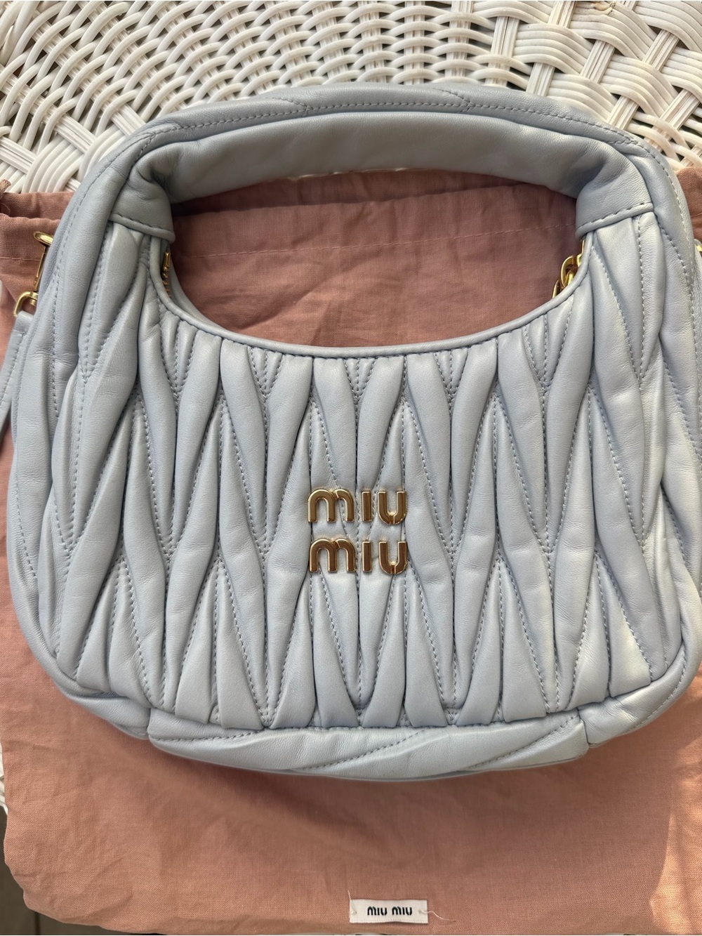 Miu Miu Light Blue Quilted Leather Shoulder Bag with Gold Logo